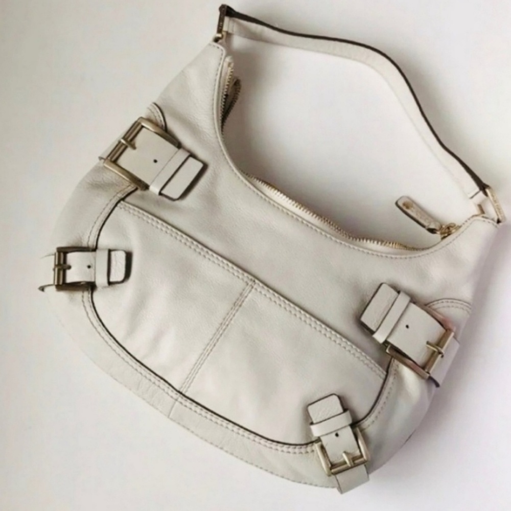 Michael Kors white genuine leather hobo bag shoulder bag purse with buckles - Picture 8 of 9